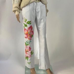 Ralph Lauren Hibiscus Hand Painted White Jeans